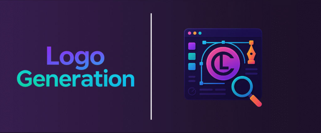 AI-generated logo design concept with vector illustration of digital branding tools and text 'Logo Generation' on a dark gradient background.